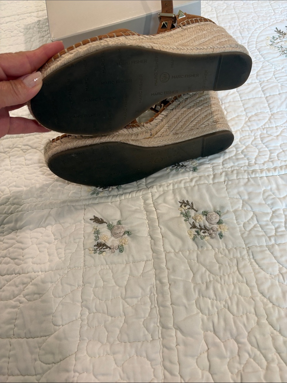 Marc Fisher Brown Suede Espadrille Wedge Sandals with Studded Ankle Strap - Picture 3 of 5
